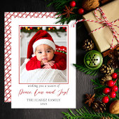 Minimalistische rood-wit foto vrede liefde en vreu feestdagenkaart