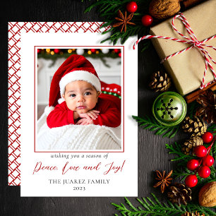 Minimalistische rood-wit foto vrede liefde en vreu feestdagenkaart