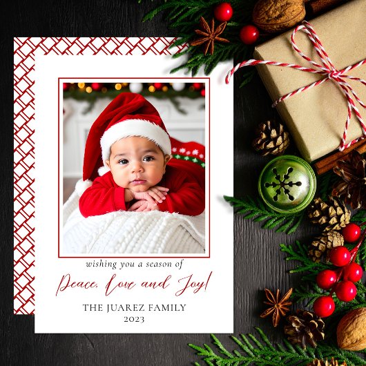 Minimalistische rood-wit foto vrede liefde en vreu feestdagenkaart