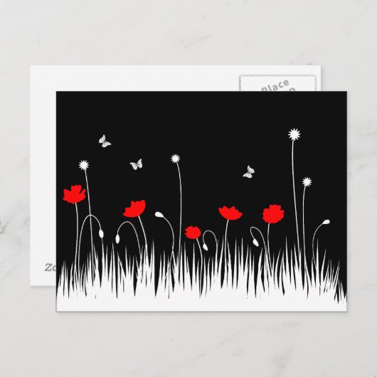 Minimalistische rood zwart en wit klaprozen weide  briefkaart (Voorkant / Achterkant)