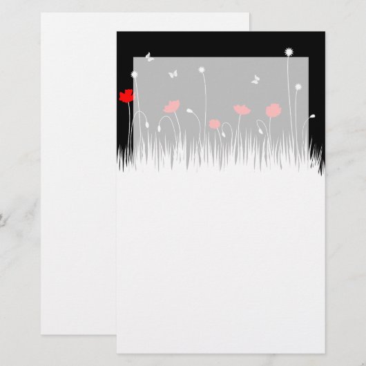 Minimalistische rood zwart en wit klaprozen weide  briefpapier (Voorkant / Achterkant)