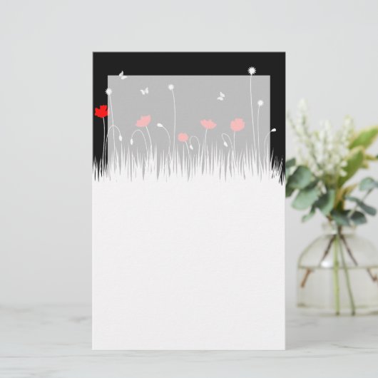 Minimalistische rood zwart en wit klaprozen weide  briefpapier (Staand voorkant)