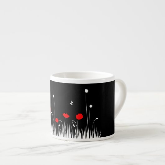 Minimalistische rood zwart en wit klaprozen weide  espresso kop (Voorkant rechts)