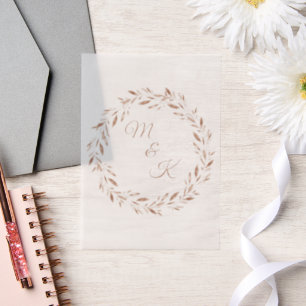 Minimalistische Roos Gold Leaf Krans Monagram brui Vellum Uitnodigingen