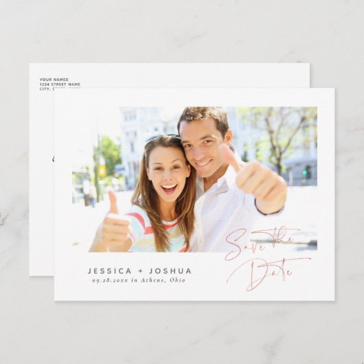 Minimalistische Roos Gold Script Foto Bewaar de da Briefkaart (Voorkant / Achterkant)