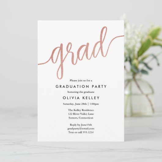 Minimalistische Roos Gold Script Graduparty Kaart (Staand voorkant)
