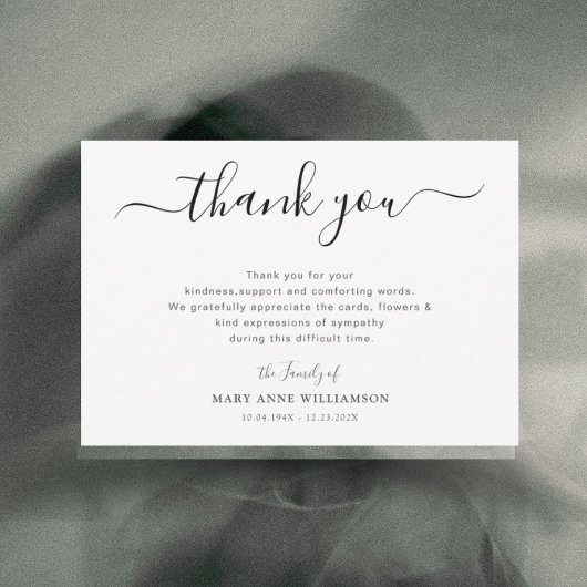 Minimalistische rouwkaarten met script thank you bedankkaart