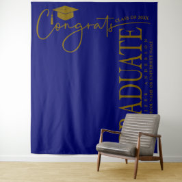Minimalistische Royal Blue & Gold Congrats Afstude Wandkleed