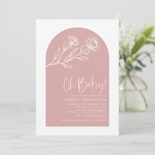 Minimalistische Roze Bloem Lijn Baby Meisje Shower Kaart (Staand voorkant)