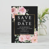 Minimalistische roze bloemen Foto Black Wedding Save The Date (Staand voorkant)