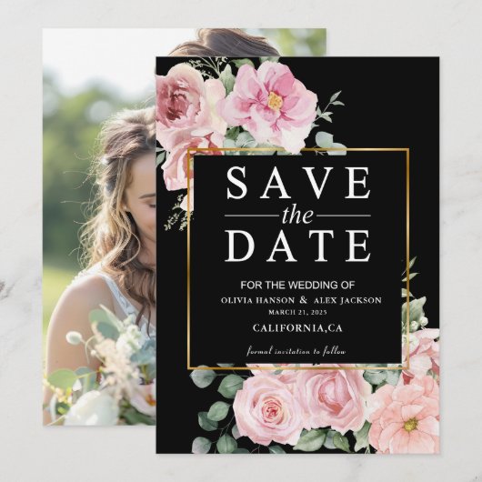Minimalistische roze bloemen Foto Black Wedding Save The Date (Voorkant / Achterkant)