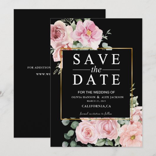 Minimalistische roze bloemen Foto Black Wedding Save The Date (Voorkant / Achterkant)