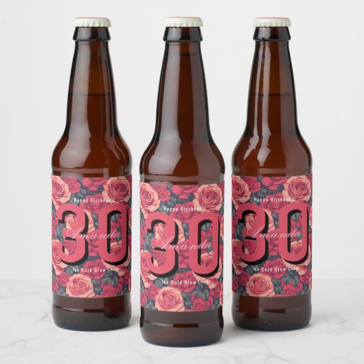 Minimalistische Roze Bloemige Aangepaste Verjaarda Bier Etiket (Flessen)