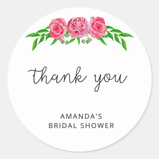 Minimalistische roze bloemige bruids-shower  ronde sticker (Voorkant)