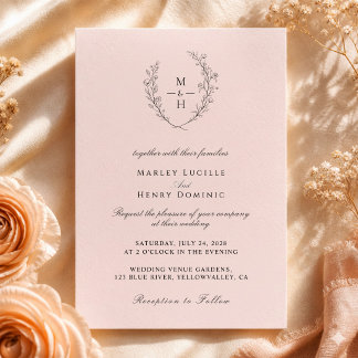 Minimalistische Roze Boho Monogram Huwelijk Kaart