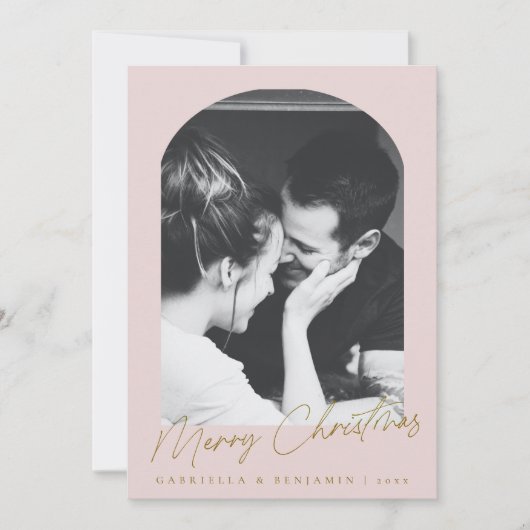 Minimalistische roze boog twee foto kerstbrief feestdagenkaart (Voorkant)