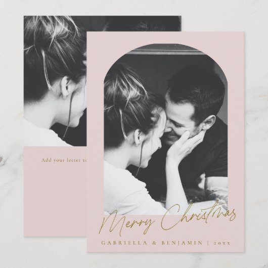 Minimalistische roze boog twee foto kerstbrief feestdagenkaart (Voorkant / Achterkant)