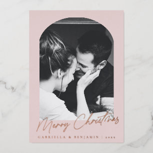Minimalistische Roze Boog Twee Foto's Kerstmis Ros Folie Feestdagenkaart