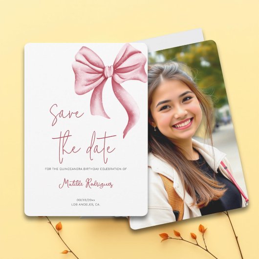 Minimalistische Roze Bow Quinceañera Foto Save The Date