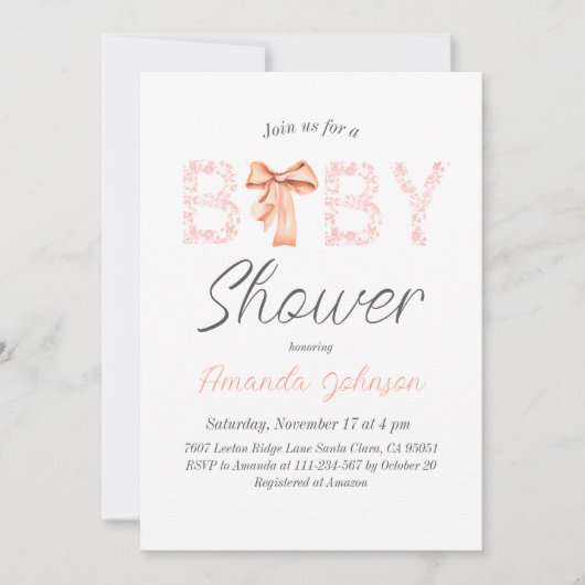 Minimalistische Roze Bow Toile Floral Baby shower Kaart (Voorkant)