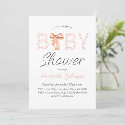 Minimalistische Roze Bow Toile Floral Baby shower Kaart (Staand voorkant)