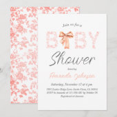 Minimalistische Roze Bow Toile Floral Baby shower Kaart (Voorkant / Achterkant)
