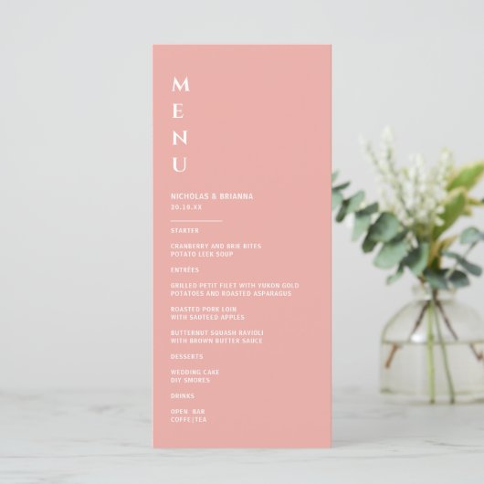 Minimalistische roze bruiloft menu (Staand voorkant)
