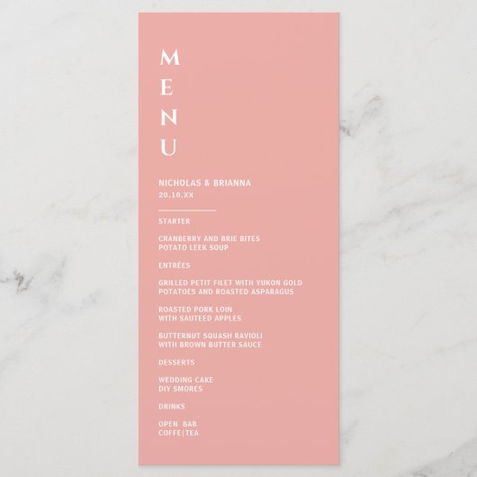 Minimalistische roze bruiloft menu (Voorkant)
