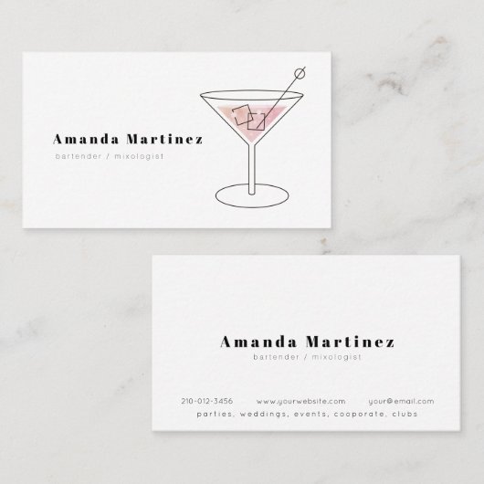 Minimalistische Roze Cocktail Bartender Mixologist Visitekaartje (Voorkant / Achterkant)