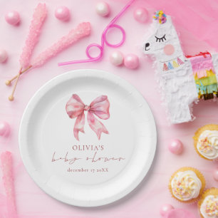 Minimalistische Roze Coquette Bow Baby shower Papieren Bordje
