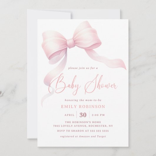 Minimalistische Roze Coquette Bow Girl Baby shower Kaart (Voorkant)