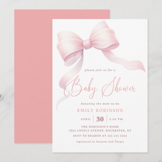 Minimalistische Roze Coquette Bow Girl Baby shower Kaart (Voorkant / Achterkant)