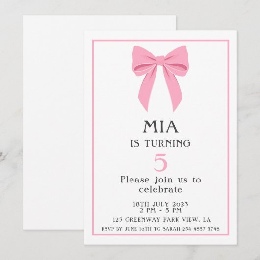 Minimalistische Roze Coquette Bow Verjaardagsmeisj Kaart (Voorkant / Achterkant)