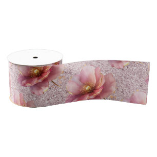 Minimalistische Roze en Gouden Klaproos Bruiloft Grosgrain Lint