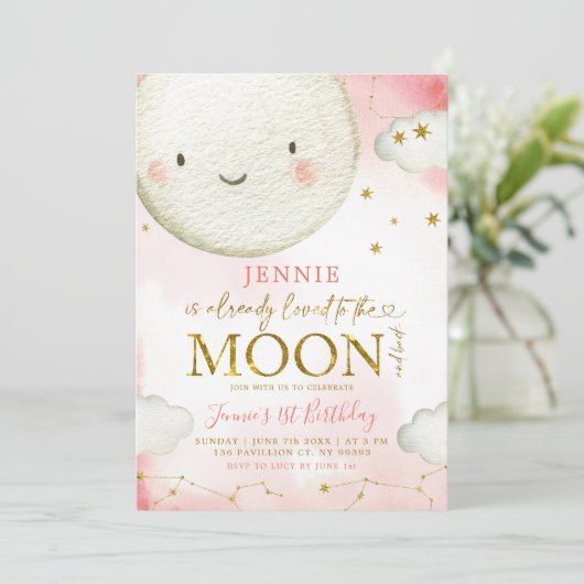 Minimalistische Roze en Gouden Maan Meisje Verjaar Kaart (Staand voorkant)