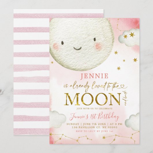 Minimalistische Roze en Gouden Maan Meisje Verjaar Kaart (Voorkant / Achterkant)
