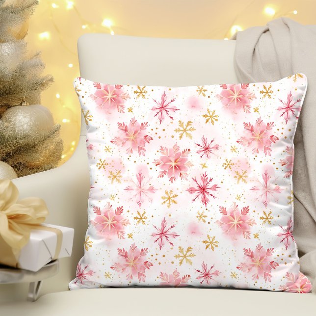 Minimalistische roze en gouden wintersneeuwvlokken kussen (Minimalist Pink and Gold Winter Snowflakes Throw Pillow
)
