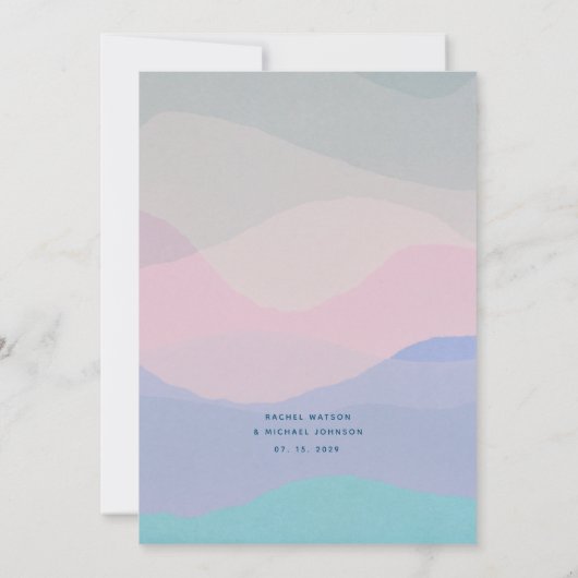 Minimalistische roze en pastel blauwe bruiloft uit kaart (Achterkant)