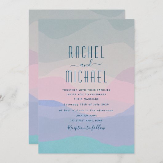 Minimalistische roze en pastel blauwe bruiloft uit kaart (Voorkant / Achterkant)