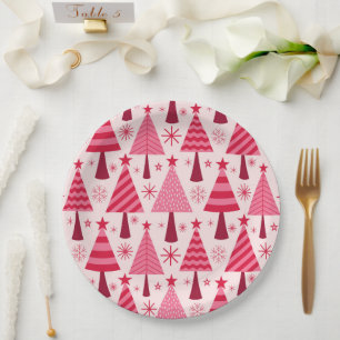 Minimalistische roze en rode kerstbomen patroon papieren bordje