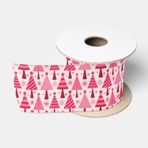 Minimalistische roze en rode kerstbomen patroon satijnen lint
