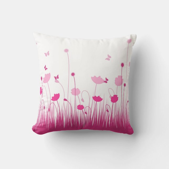 Minimalistische roze en witte papavers Meadow Flor Kussen (Voorkant)