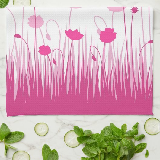 Minimalistische roze en witte papavers Meadow Flor Theedoek (Gevouwen)