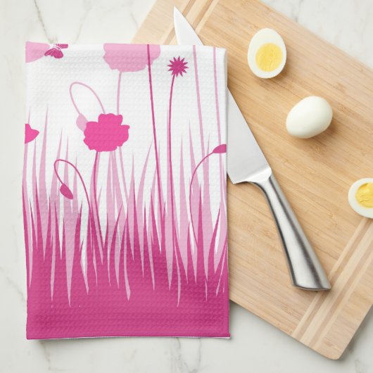 Minimalistische roze en witte papavers Meadow Flor Theedoek (Quarter Fold)