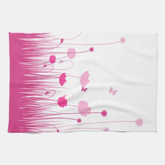 Minimalistische roze en witte papavers Meadow Flor Theedoek (Horizontaal)