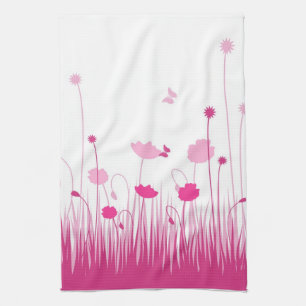 Minimalistische roze en witte papavers Meadow Flor Theedoek