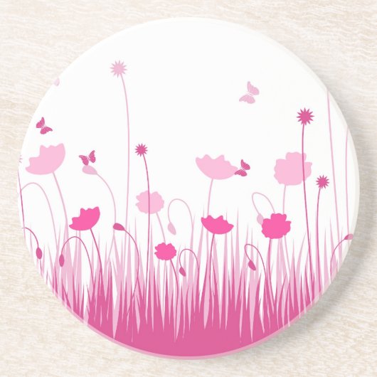 Minimalistische roze en witte papavers Meadow Flor Zandsteen Onderzetter (Voorkant)