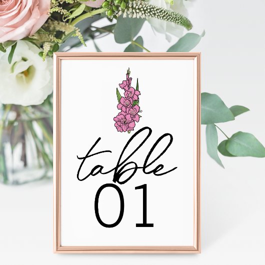 Minimalistische roze gladiool bruiloft tafel numme kaart