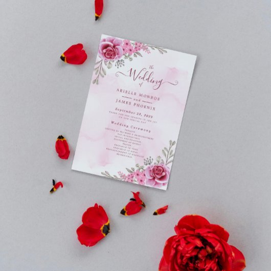 Minimalistische Roze Gouden Bloemige Bruiloft Programmakaart
