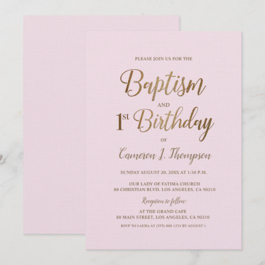 Minimalistische roze gouden doop 1e verjaardag kaart (Voorkant / Achterkant)